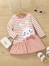 Kids QTFun Toddler Girls Striped & Rabbit Print Bow Ruffle Hem Smock Dress
